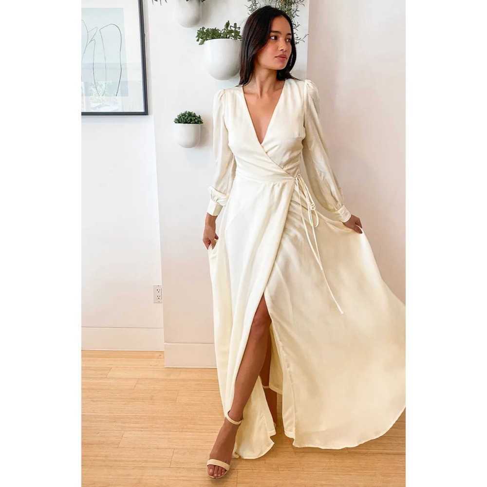 Lulus Have Faith Ivory Satin Button Sleeve Wrap Maxi Dress S
